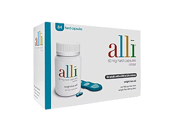 Front package of alli with 60 mg orlistat for weight loss