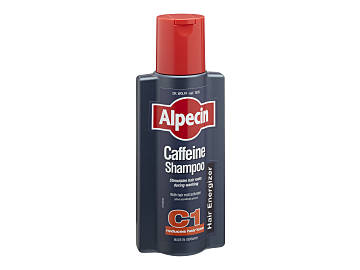 A grey bottle with a red cap of Alpecin caffeine shampoo which can help treat hair loss