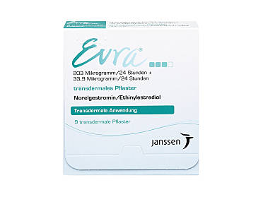 Vorderseite einer Packung Evra mit 9 transdermale Pflaster von Janssen