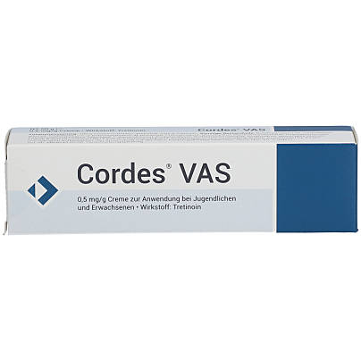 Vorderseite einer Packung Cordes&reg; VAS 0,5 mg/g Creme zur Anwendung bei Jugendlichen und Erwachsenen zur Behandlung von Akne