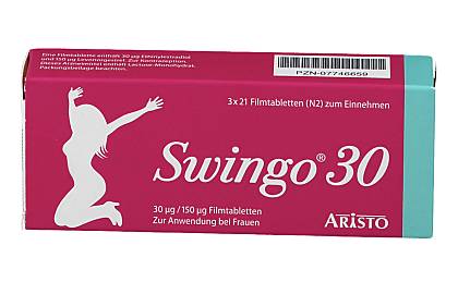 Vorderseite einer Packung Swingo® 30 mit 3 x 21 Filmtabletten von Aristo