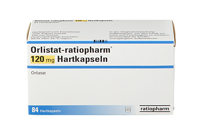 Vorderseite einer Packung Orlistat-ratiopharm® 120 mg mit 84 Hartkapseln von ratiopharm