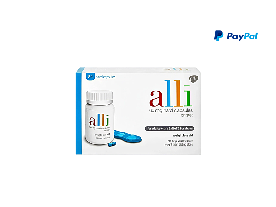 A box containing 84 alli 60mg  capsules and a disclaimer stating 'Split the cost for free with PayPal Pay in 3'