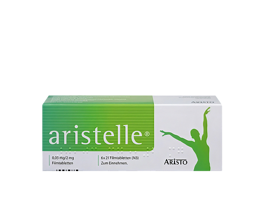 Vorderseite einer Packung Aristelle 0,03 mg / 2 mg mit 6x21 Tabletten von Aristo