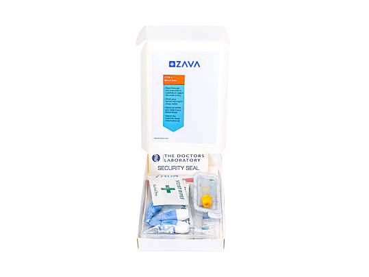 An open box showing the contents of ZAVA's testosterone test kit