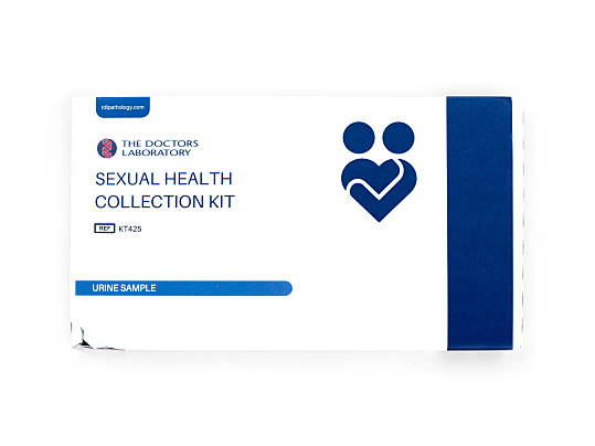 urine sample written on a 'sexual health collection kit' white box with navy strip on