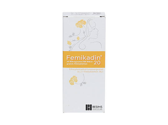 Vorderseite einer Packung Femikadin 20 Mikrogramm / 100 Mikrogramm mit 3x21 Filmtabletten