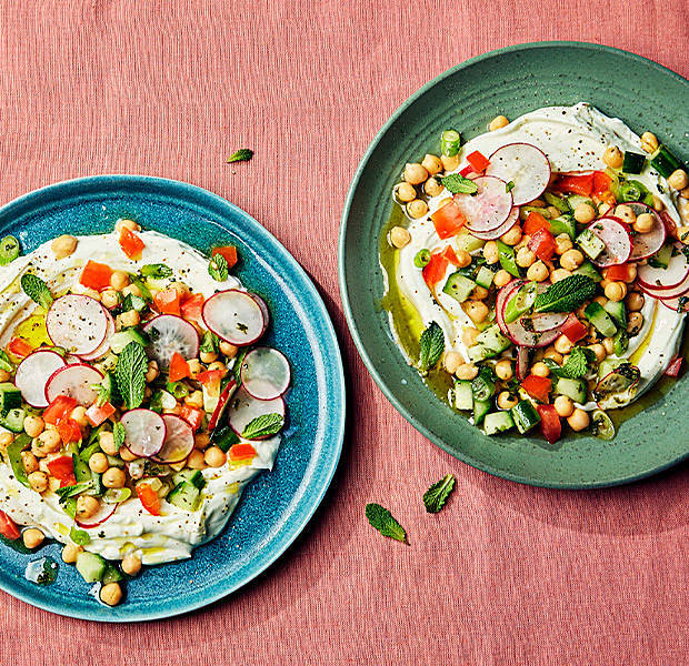 2 plates of chickpea and labneh salad