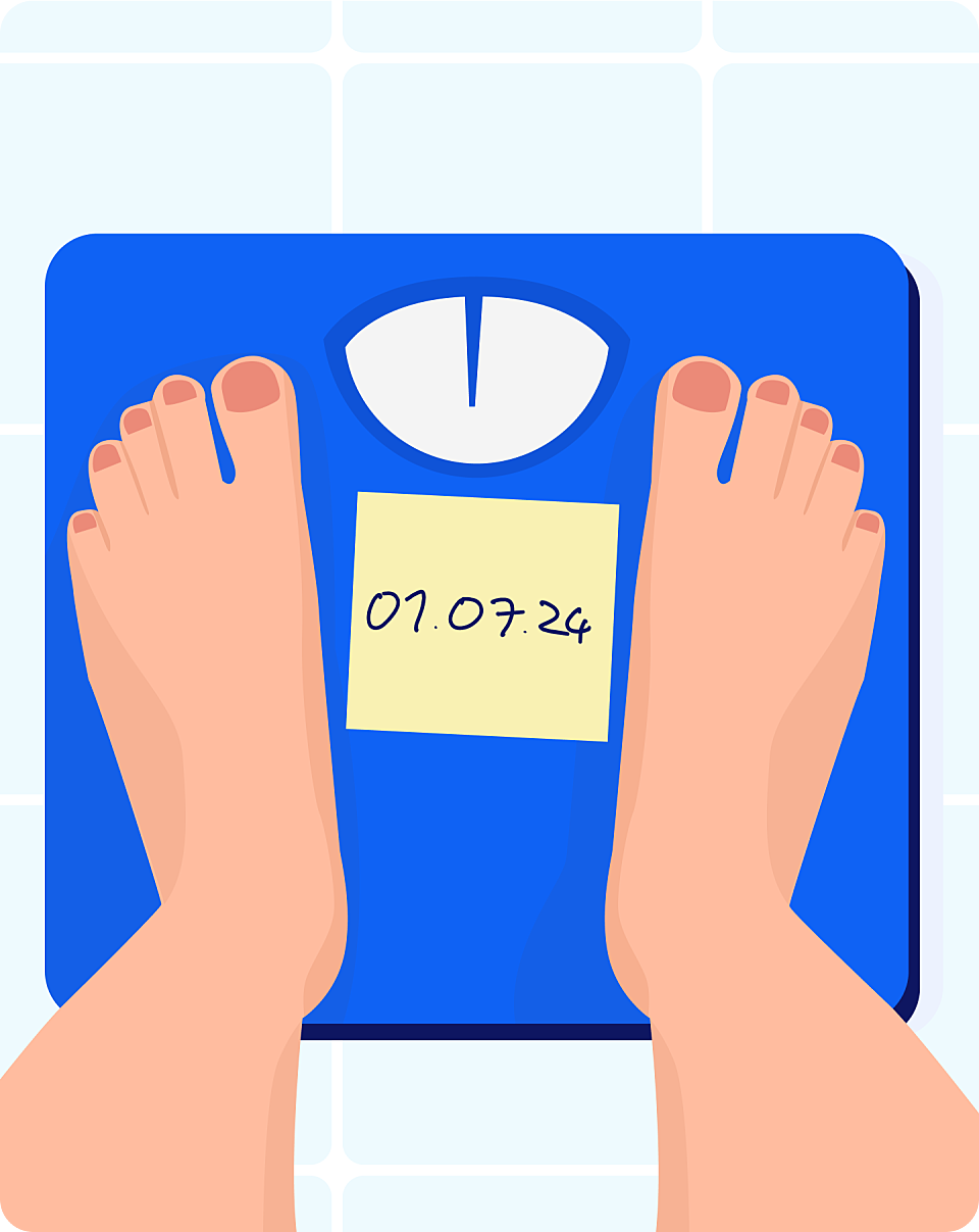 Two feet on scales and a piece of paper with a date on
