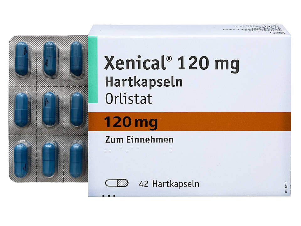 Blister mit blauen Orlistat Tabletten vor Xenical Verpackung