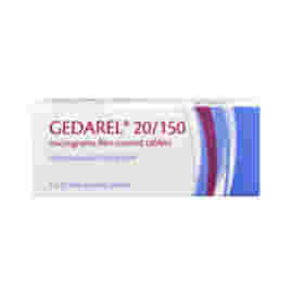 Front of box containing 3 x 21 Gedarel 20/150 tablets