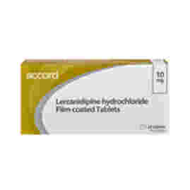 Front of box containing 28 Lercanidipine-hydrochloride 10mg tablets