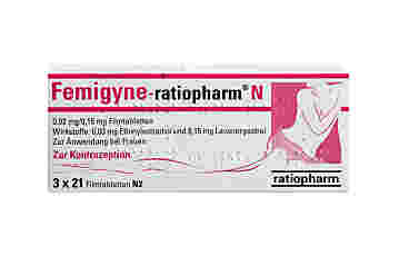 Vorderseite einer Packung Femigyne 0,03 mg / 0,15 mg mit 3x21 Filmtabletten von ratiopharm