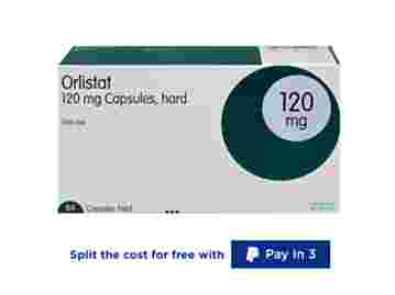 A box containing 84 120mg Orlistat capsules and a disclaimer stating 'Split the cost for free with PayPal Pay in 3'