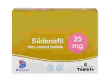 Front of box containing 8 Sildenafil 25mg tablets