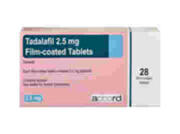 Front of box containing 28 Tadalafil 2.5mg tablets