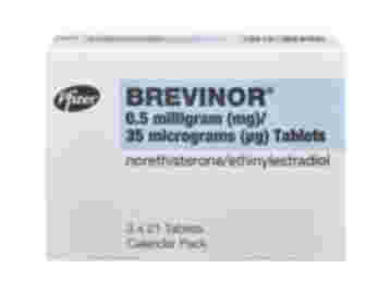 Front of box containing 3 x 21 Brevinor 0.5mg/35mcg tablets