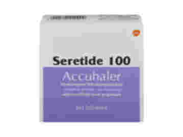 Front of box containing 60 Seretide 100 Accuhaler blisters.