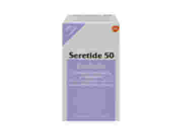 Front of box containing 1 Seretide Evohaler 50 inhaler.