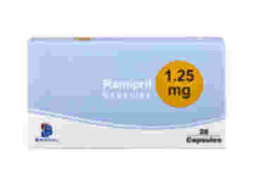 Front of box containing 28 Ramipril 1.25mg tablets