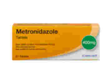 Front of box containing 21 Metronidazole 400mg tablets