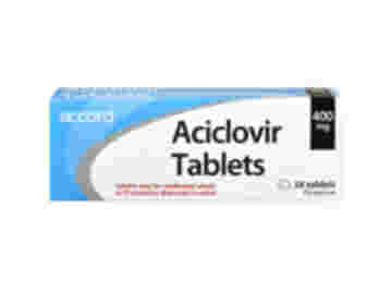 Front of box containing 56 Aciclovir 400mg tablets