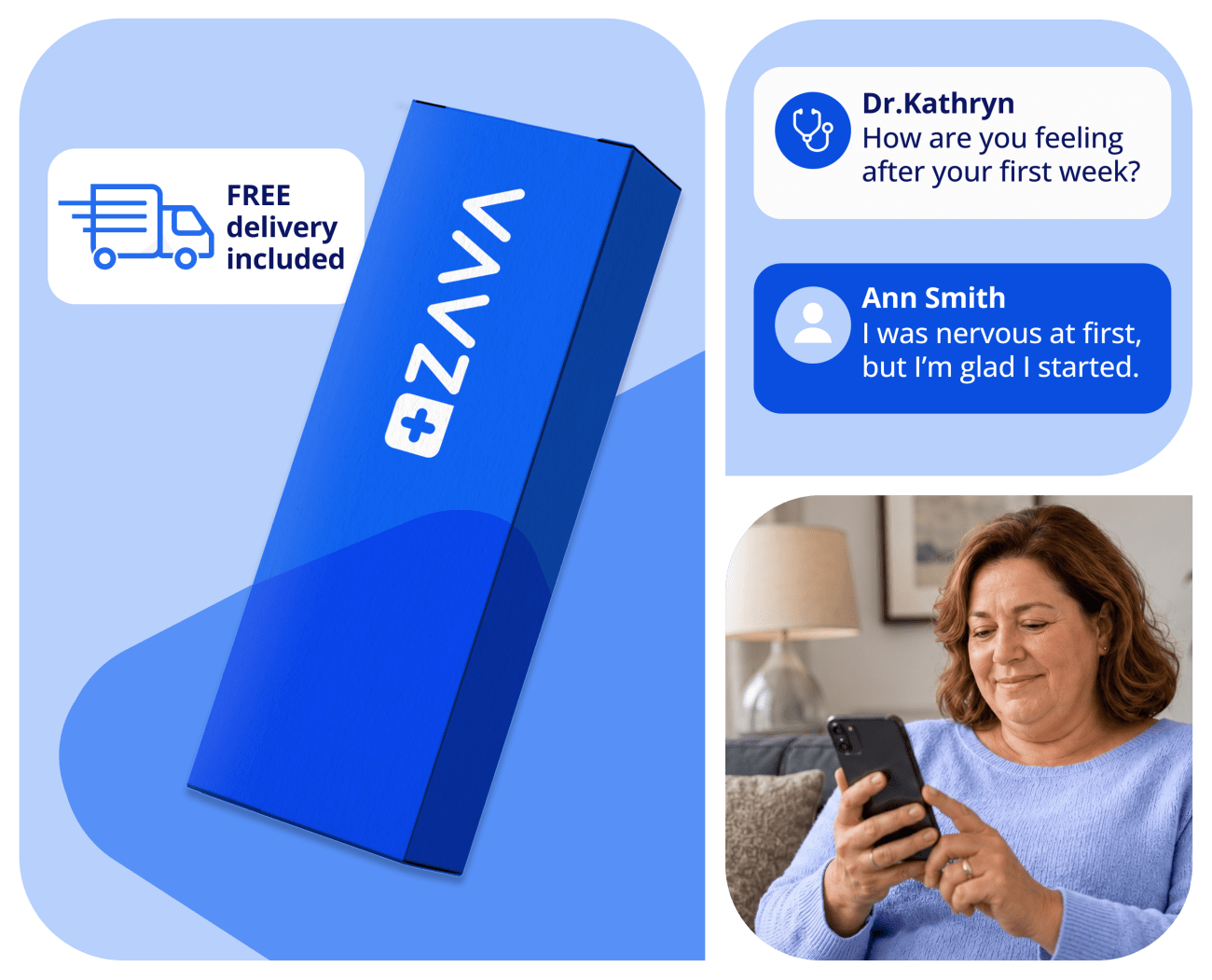 ZAVA treatment box with a patient messaging a doctor about her first week on weight loss treatment.