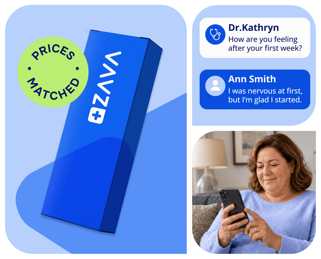 ZAVA treatment box with a patient messaging a doctor about her first week on weight loss treatment.
