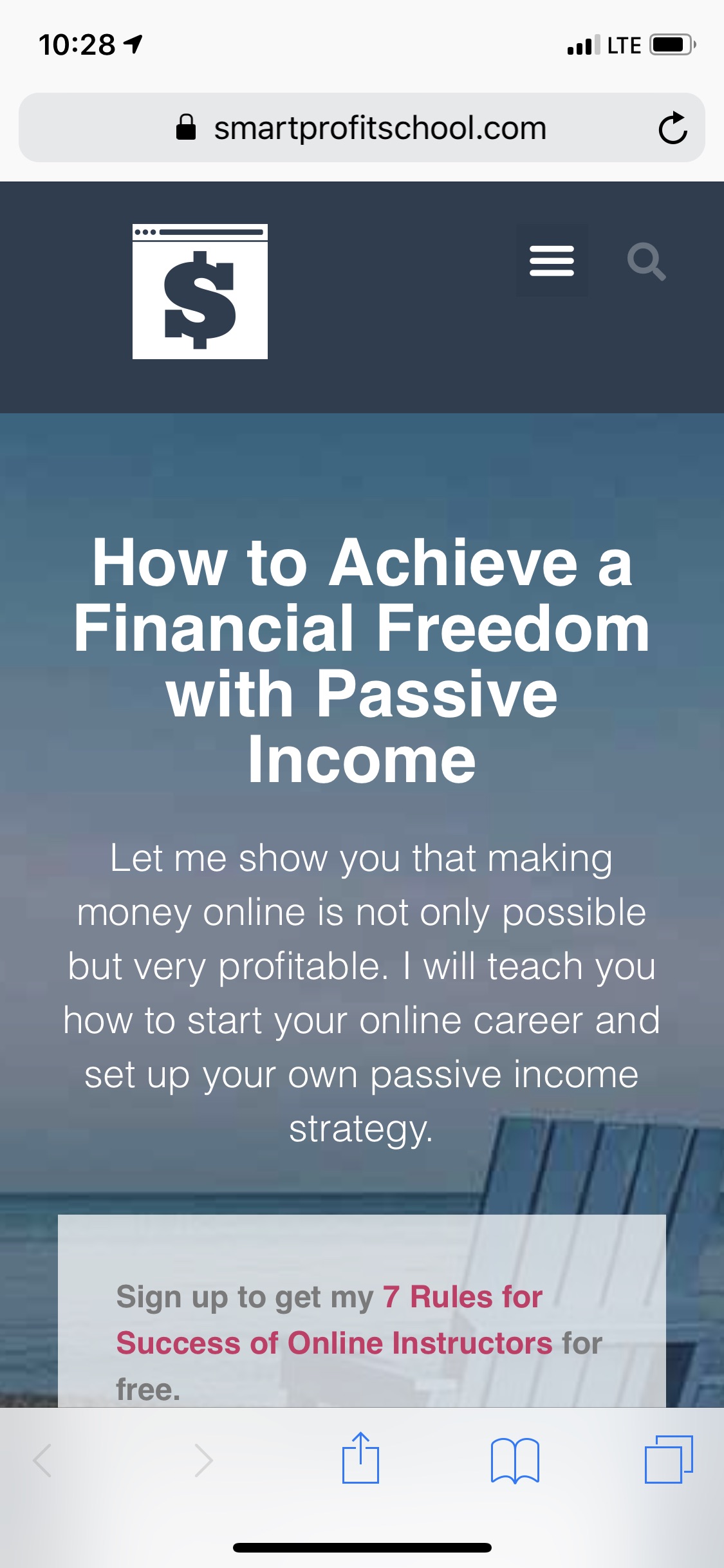 Mobile version of the landing page