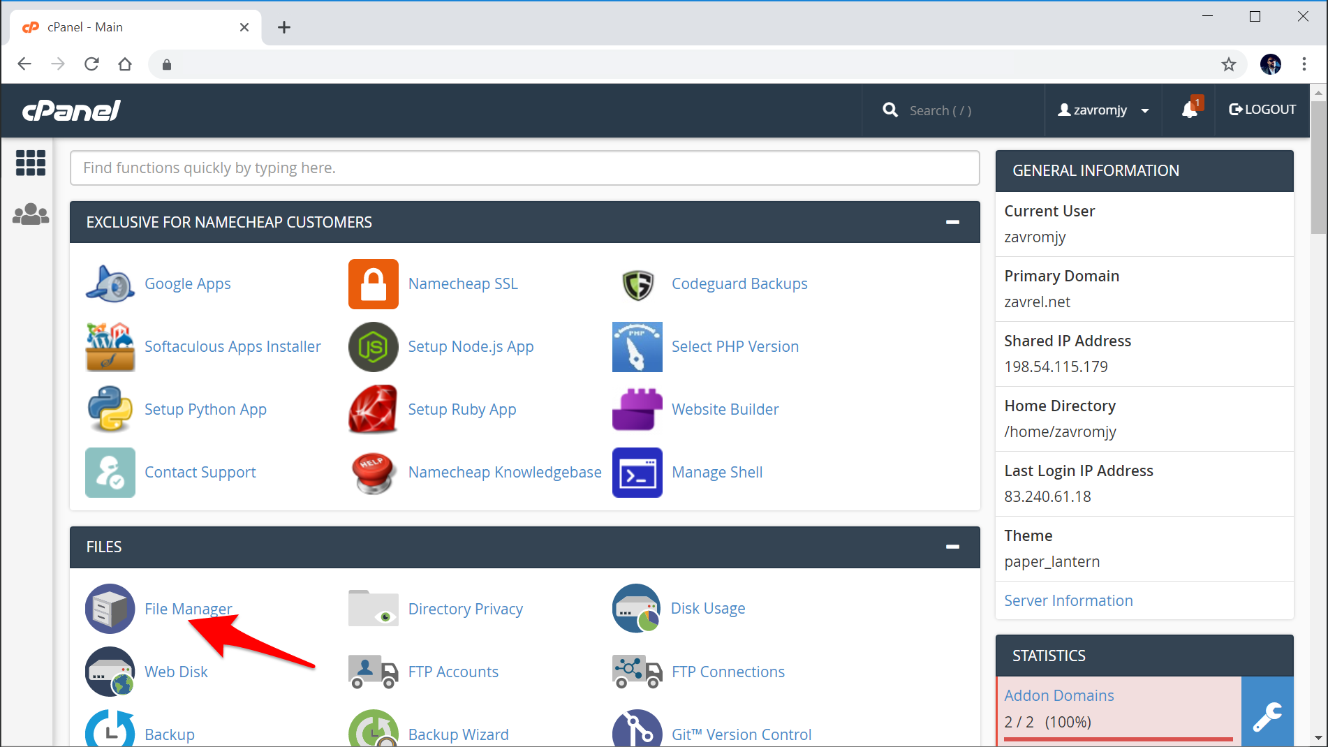 Namecheap cPanel File Manager