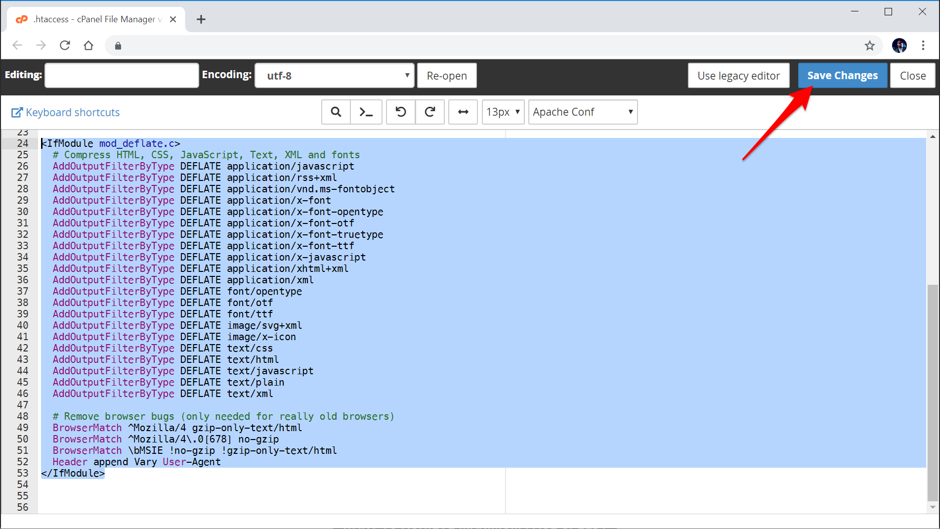 Saving changes to .htaccess file