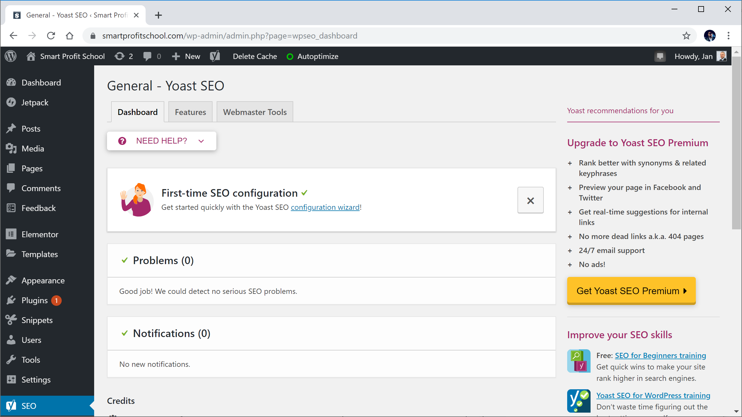 Yoast plugin dashboard