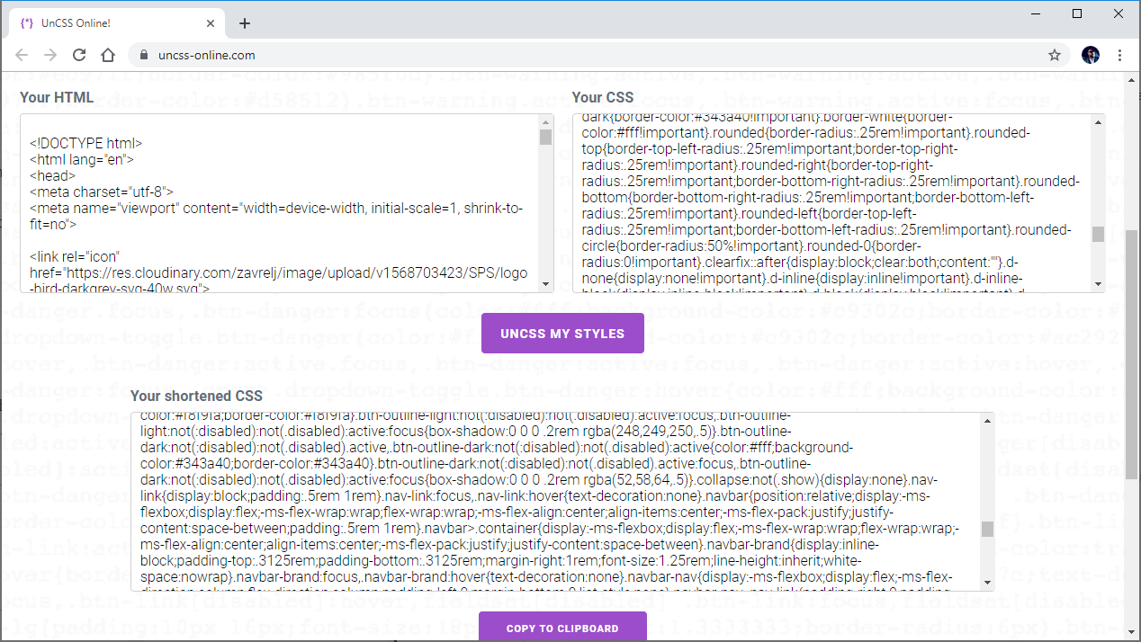 UnCSS Online tool