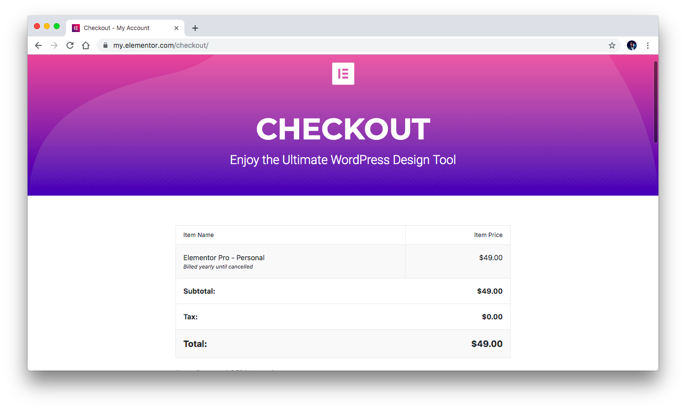 Elementor checkout