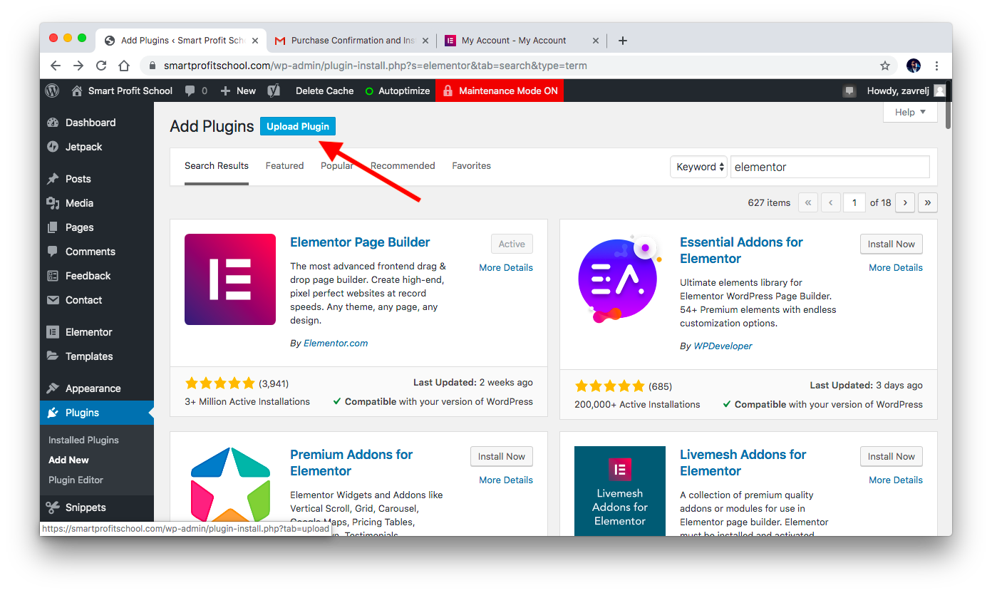 Elementor Pro plugin upload