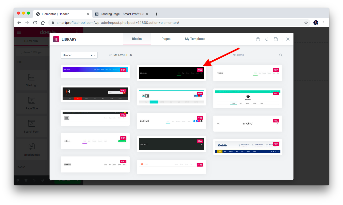 Selecting Metro header