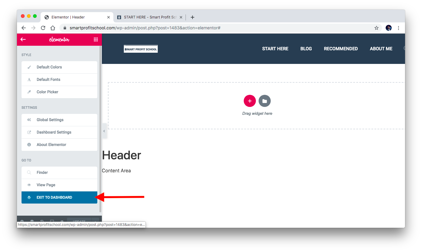 Exit from header to Dashboard