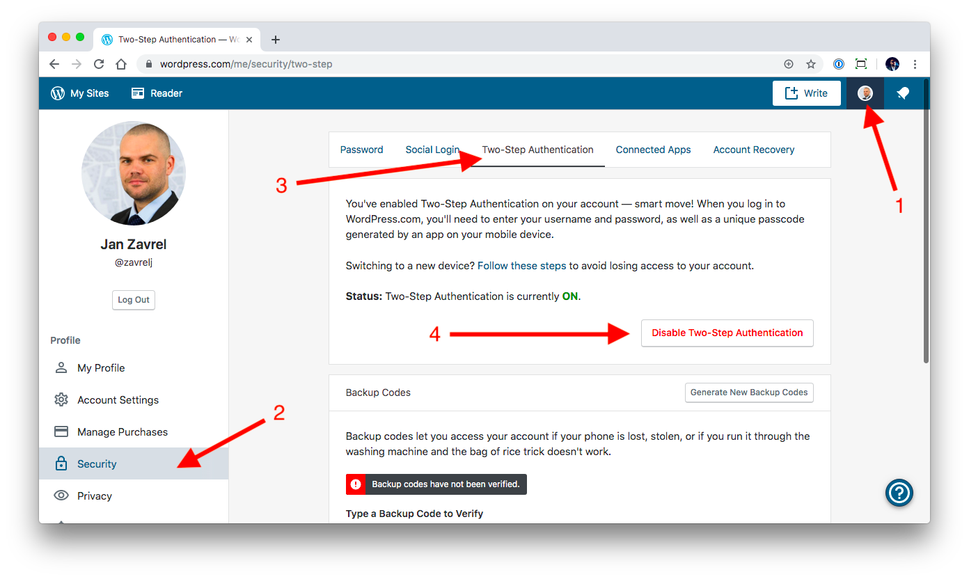 Security settings for Two-Step Authentication