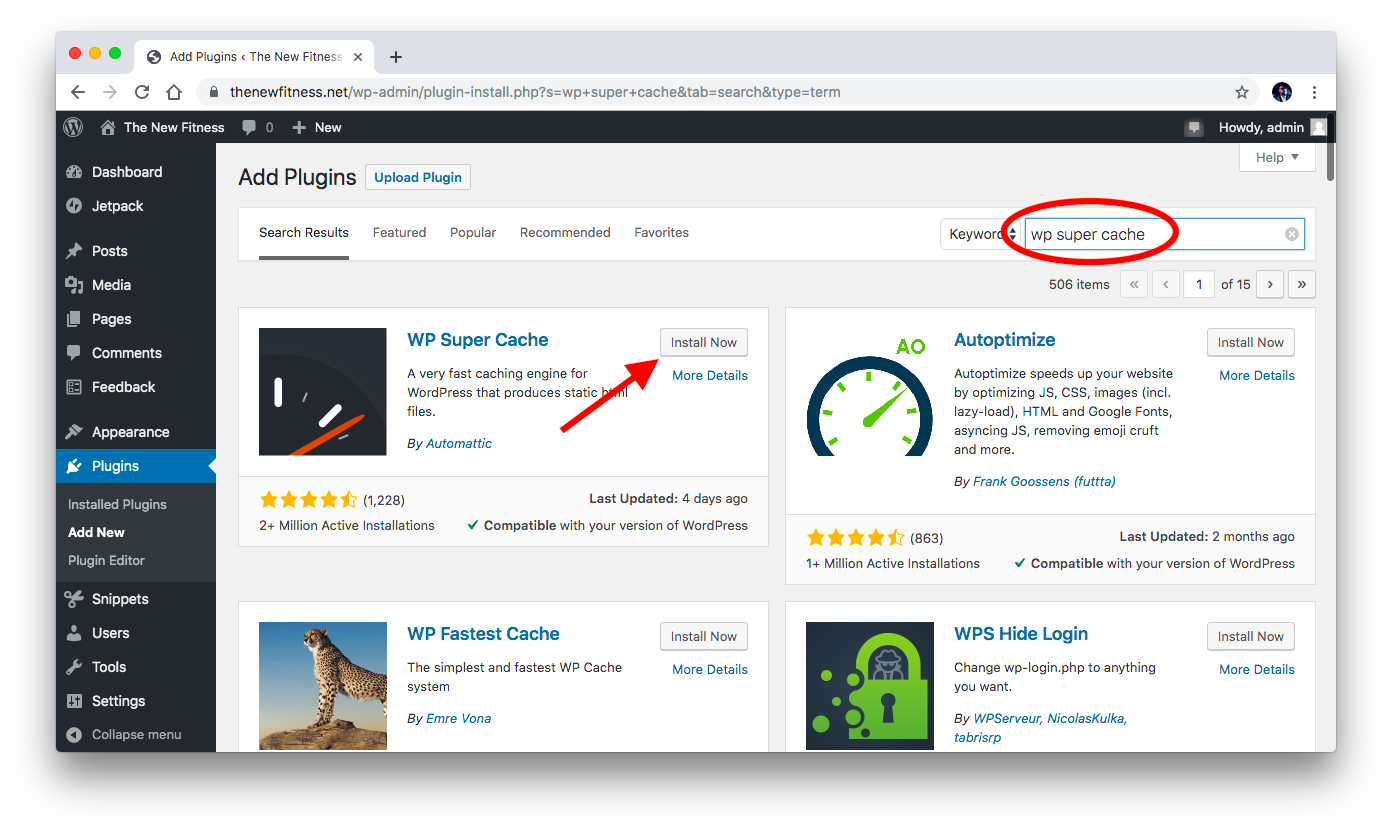 Installing WP Super Cache plugin