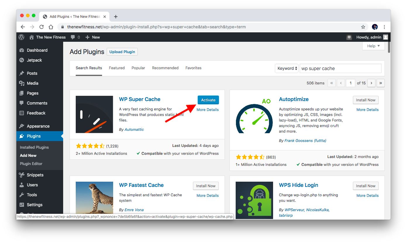 Activating WP Super Cache plugin