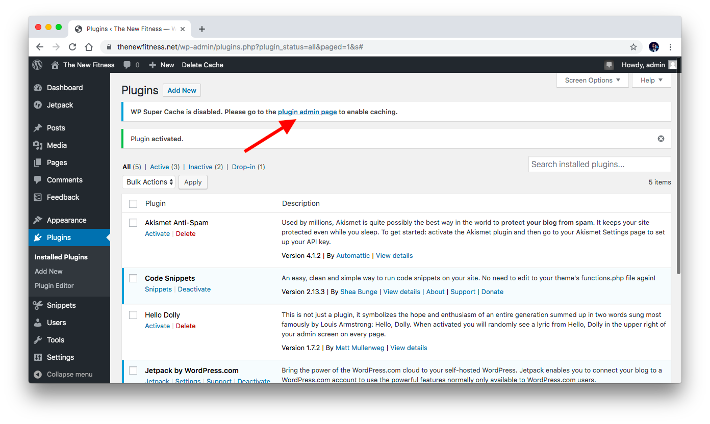 Go to plugin admin page