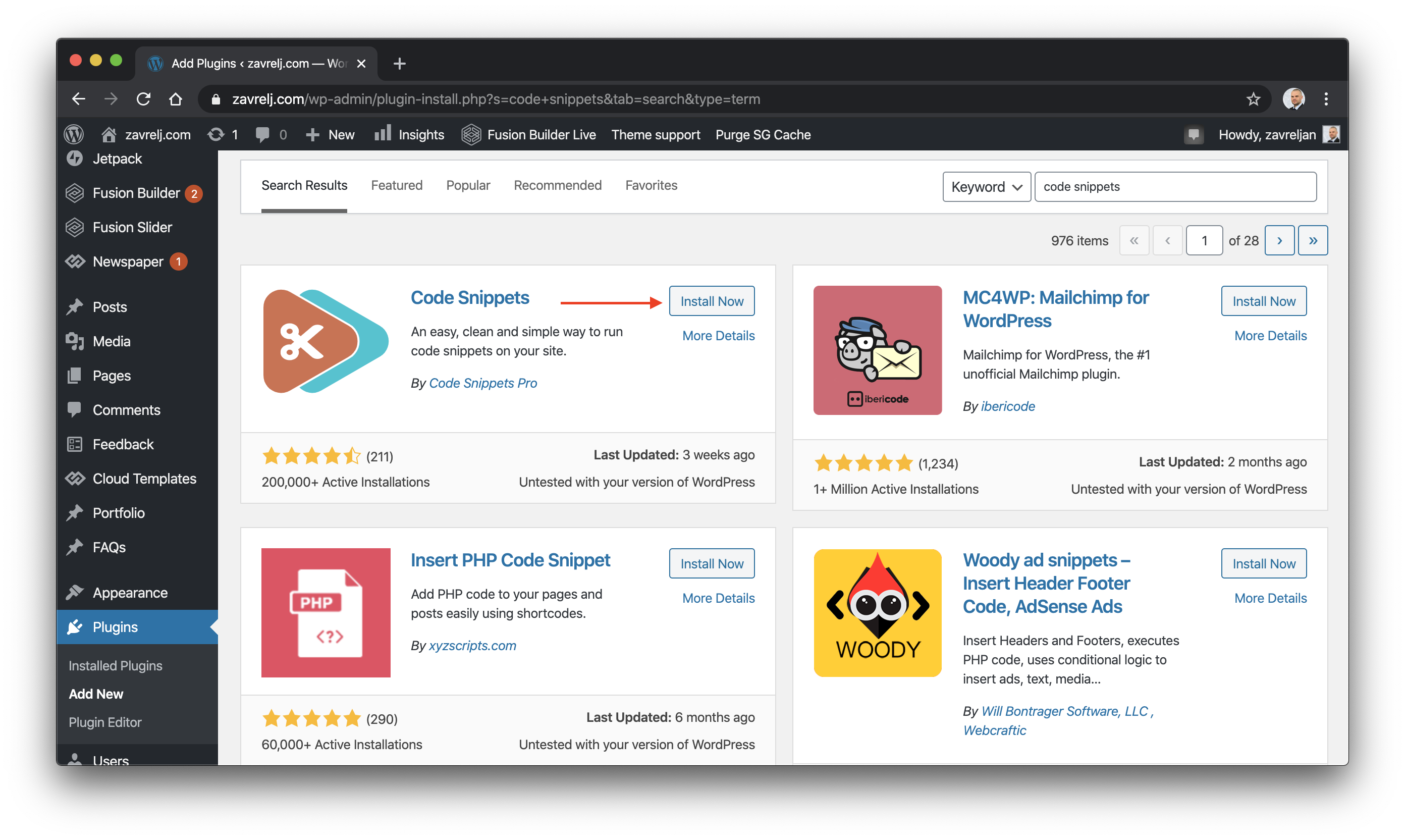 Installing Code Snippets plugin