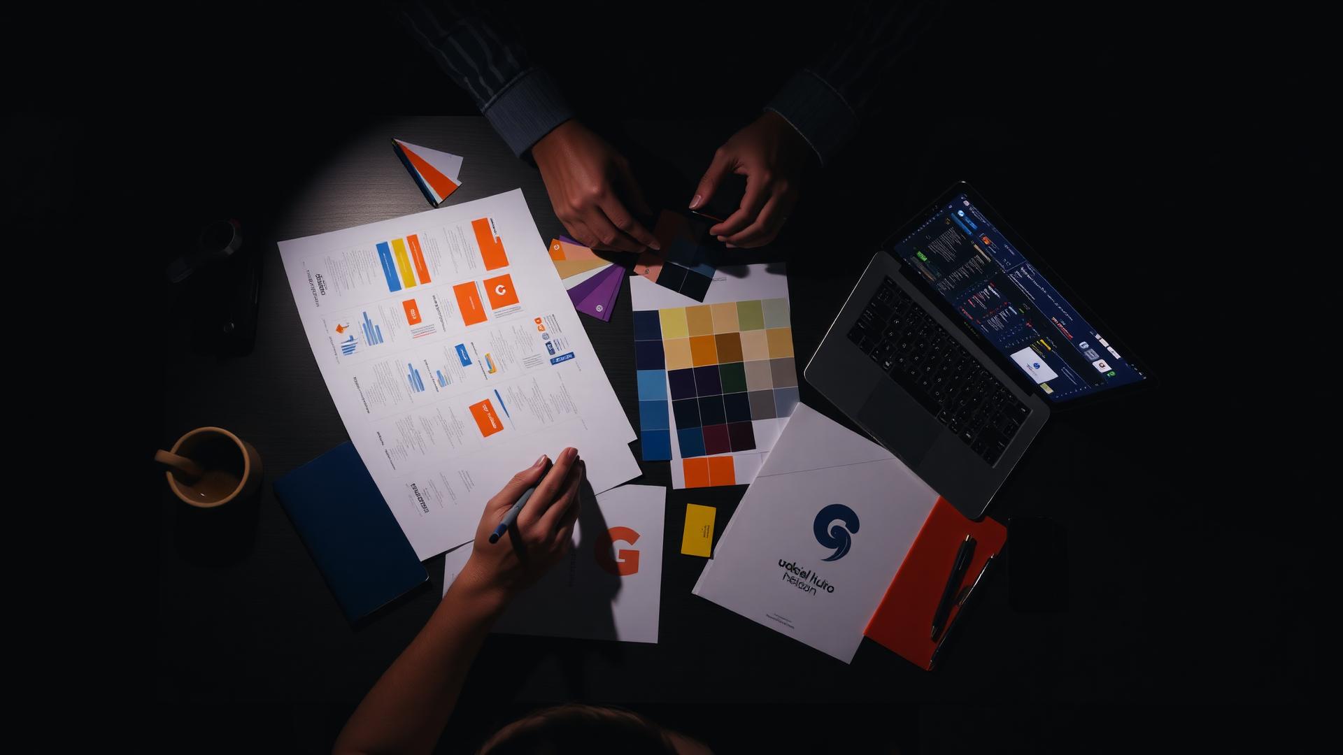 Brand identity boards, colour swatches and design work in progress