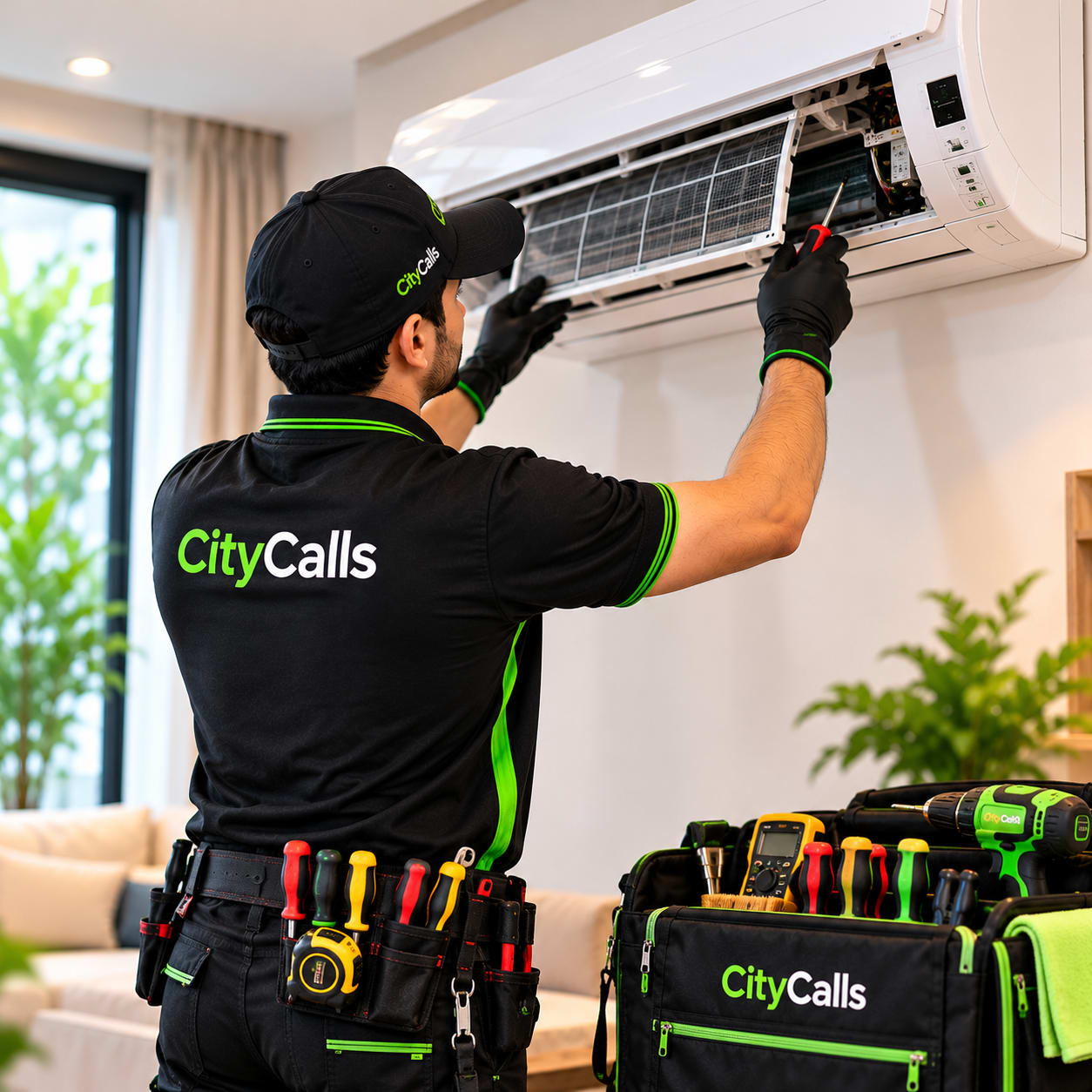 CityCalls technician servicing a wall-mounted split AC