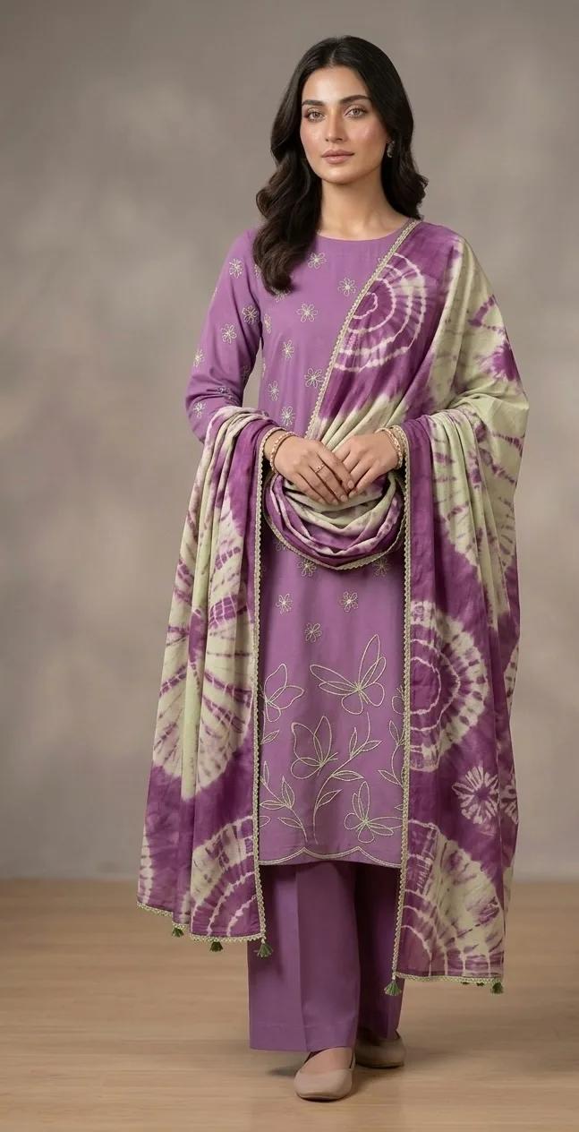 Lilac swirl — 3 pc suit with lawn duppata — view 1