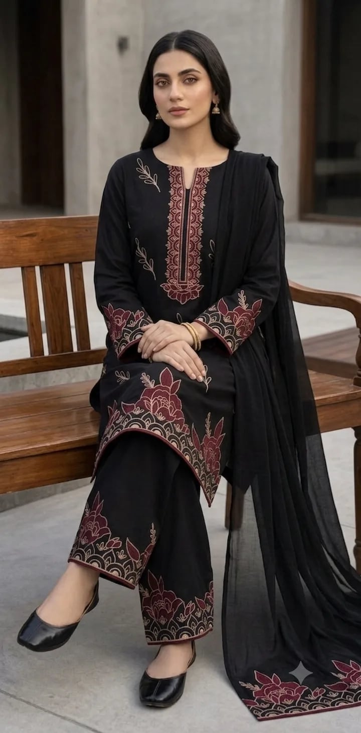 Raat (Hand Embroidered), 3 pc suit with embroidered duppata, view 3