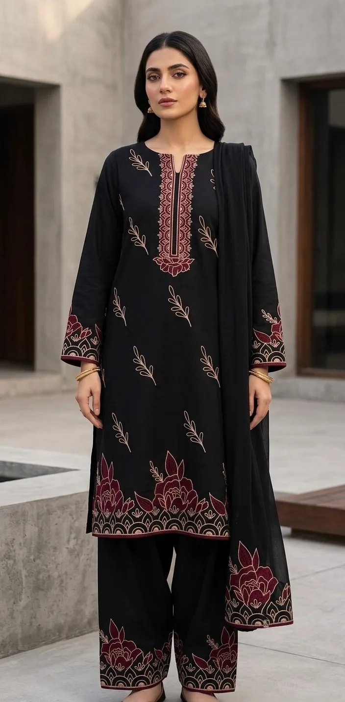 Raat (Hand Embroidered), 3 pc suit with embroidered duppata, view 1