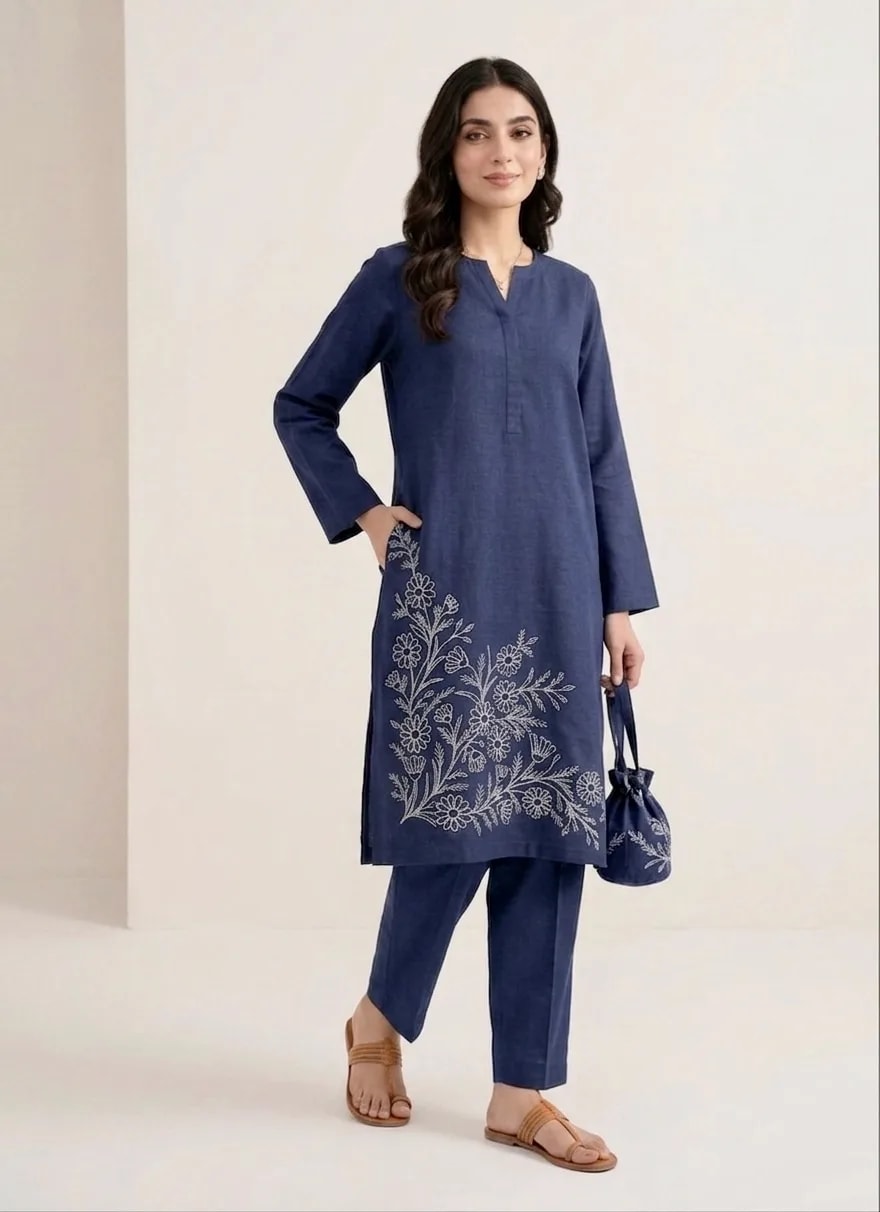 Aazeen Navy set (Hand Embroidered), 2pc lawn suit Hand Embroidered