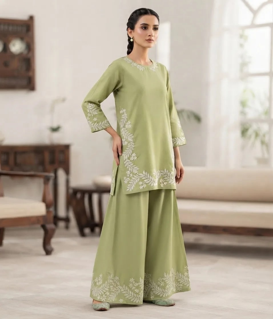 Olive Leaf (Hand Embroidered), 2pc lawn suit Hand Embroidered