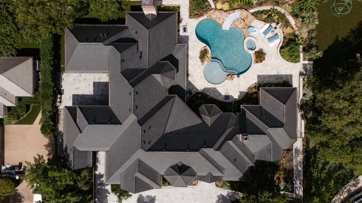 Aerial view of a DW Construction luxury roofing project in Colleyville, TX